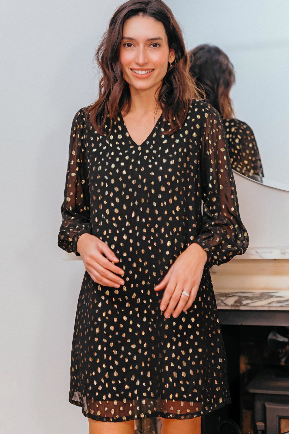 Chantelle Mini Dress - Black, Metallic Spot