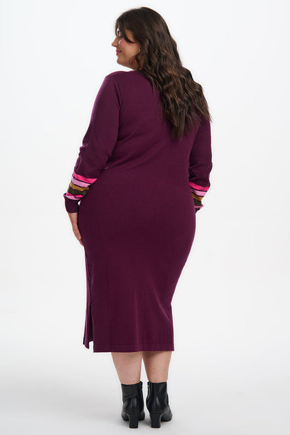 Dania Knit Midi Dress - Burgundy, Sleeve Stripes