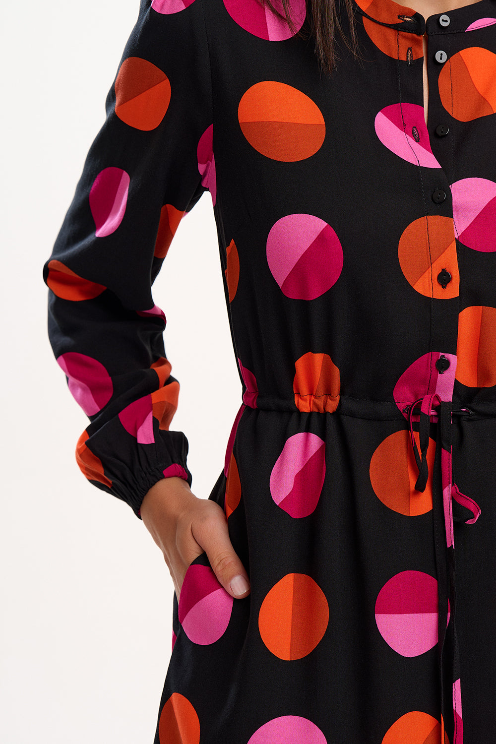 Flora Mini Shirt Dress - Black, Split Polka