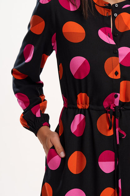 Flora Mini Shirt Dress - Black, Split Polka