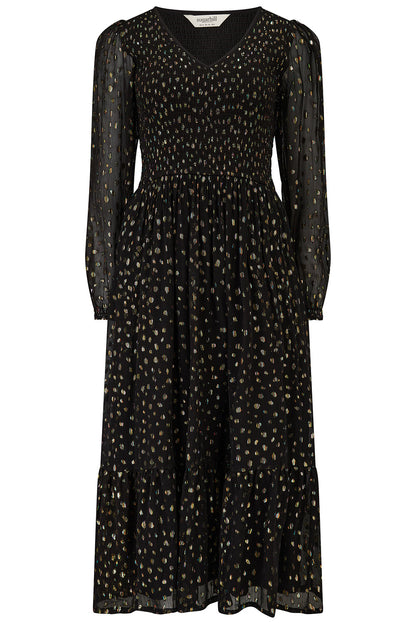 Jacqueline Shirred Midi Dress - Black, Metallic Spot