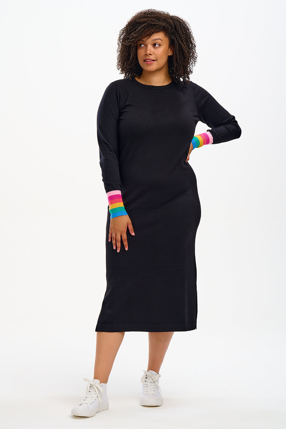 Liselle Midi Knit Dress - Black, Rainbow Stripe Cuffs