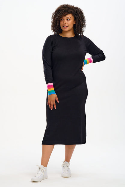 Liselle Midi Knit Dress - Black, Rainbow Stripe Cuffs