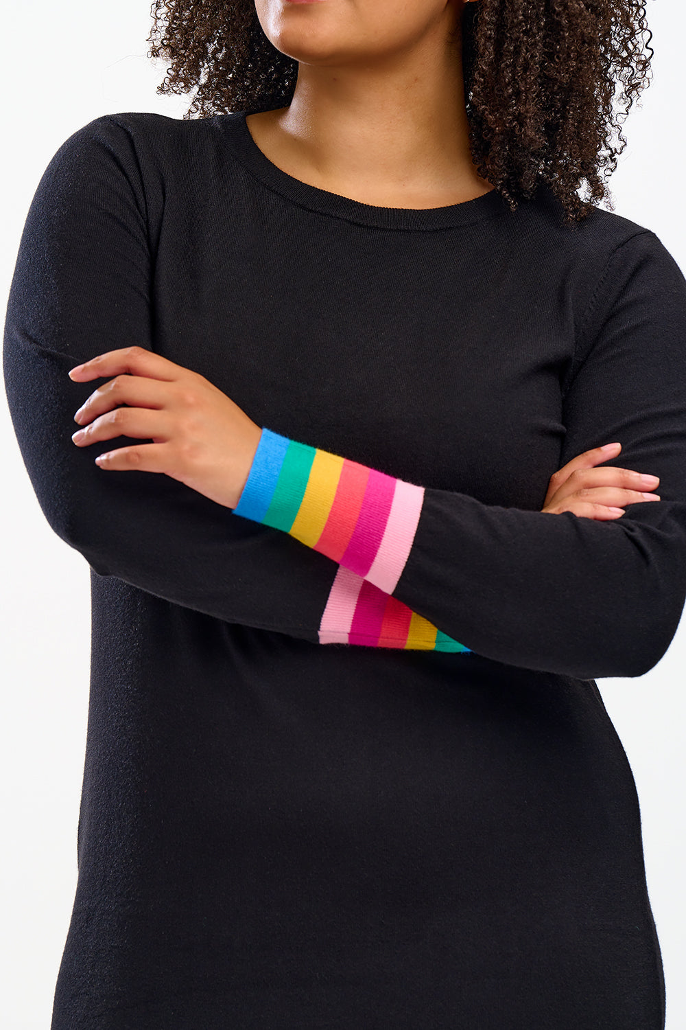 Liselle Midi Knit Dress - Black, Rainbow Stripe Cuffs