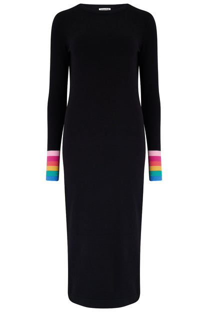 Liselle Midi Knit Dress - Black, Rainbow Stripe Cuffs