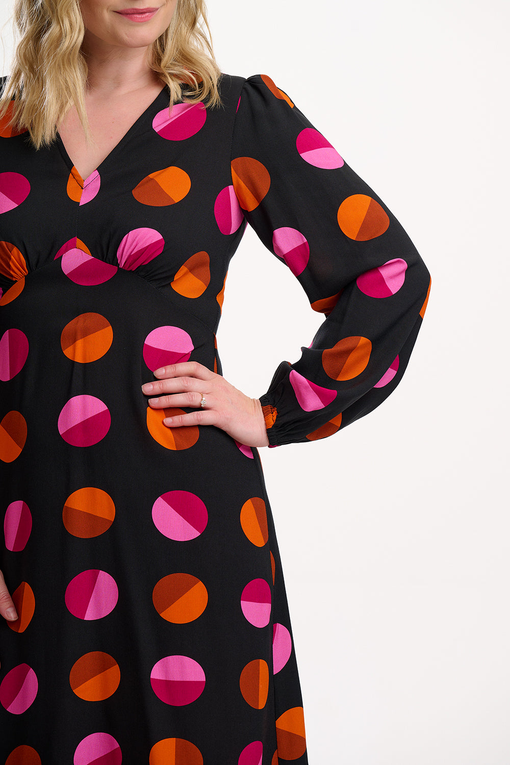 Marcie Midi Dress - Black, Split Polka