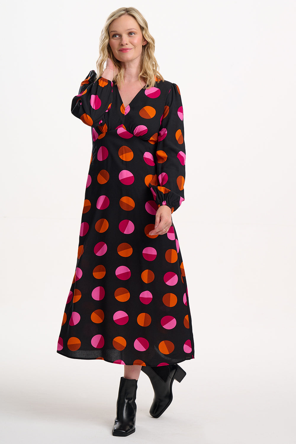 Marcie Midi Dress - Black, Split Polka